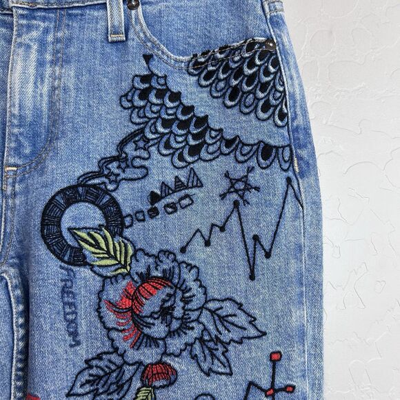 Alice & Olivia Embroidered Jeans Womens Size 26 Blue Boho Flower Hippie Skinny - Picture 5 of 10